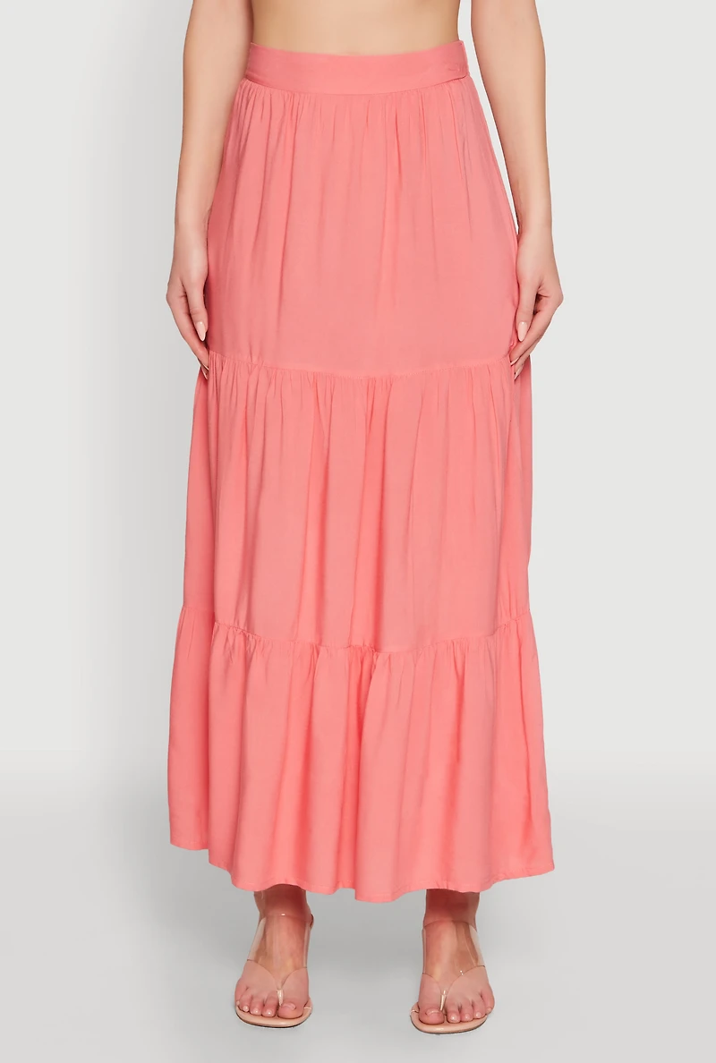 Womens Chic High Waisted Tiered Maxi Skirt, Pink, Size L