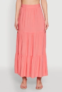 Womens Chic High Waisted Tiered Maxi Skirt, Pink, Size L