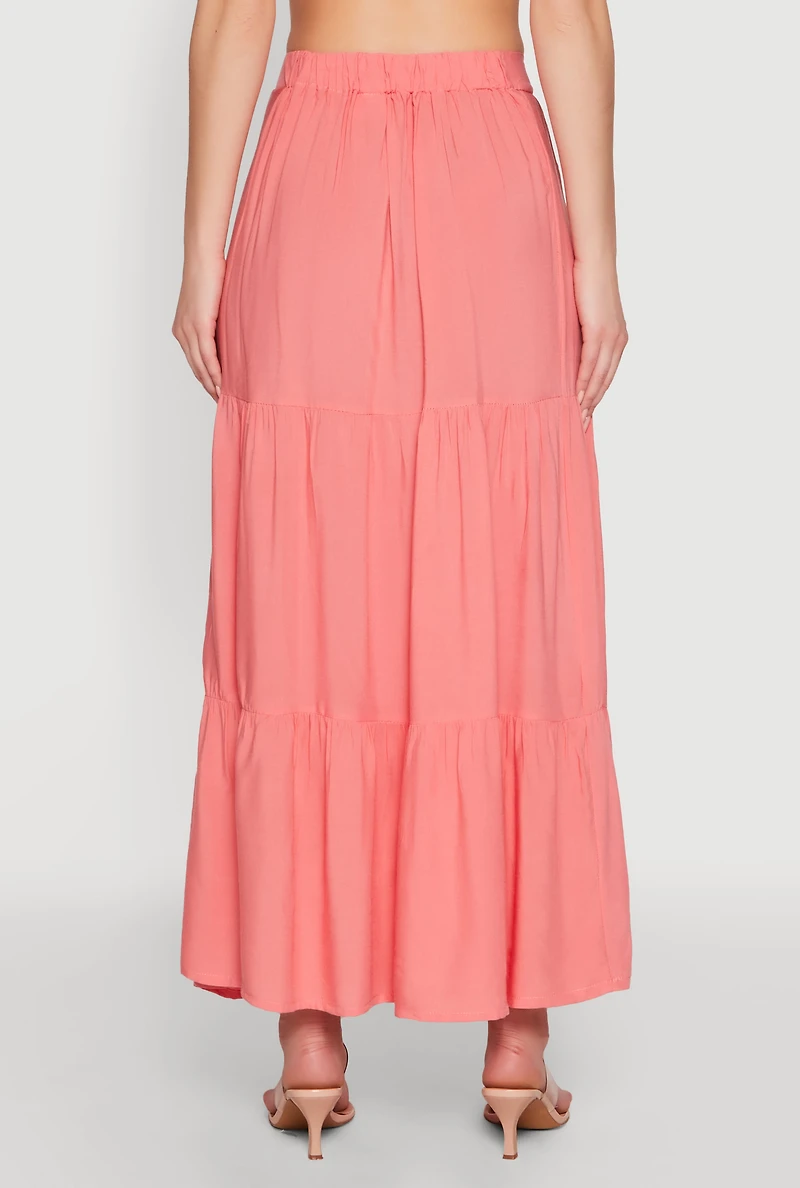 Womens Chic High Waisted Tiered Maxi Skirt, Pink, Size L