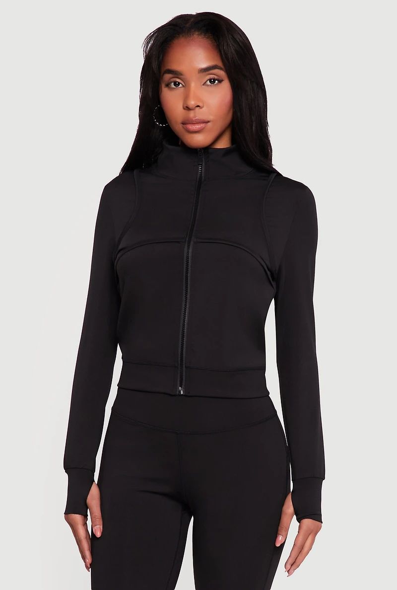 Solid Zip Front Activewear Jacket with Thumb Holes