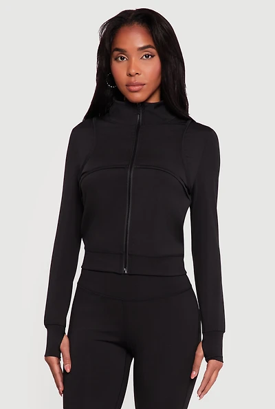 Solid Zip Front Activewear Jacket with Thumb Holes