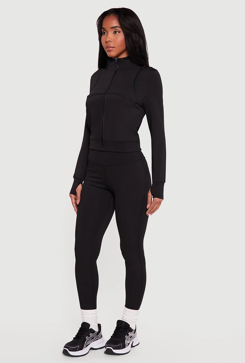 Solid Zip Front Activewear Jacket with Thumb Holes
