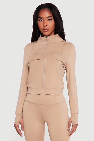 Solid Zip Front Activewear Jacket with Thumb Holes