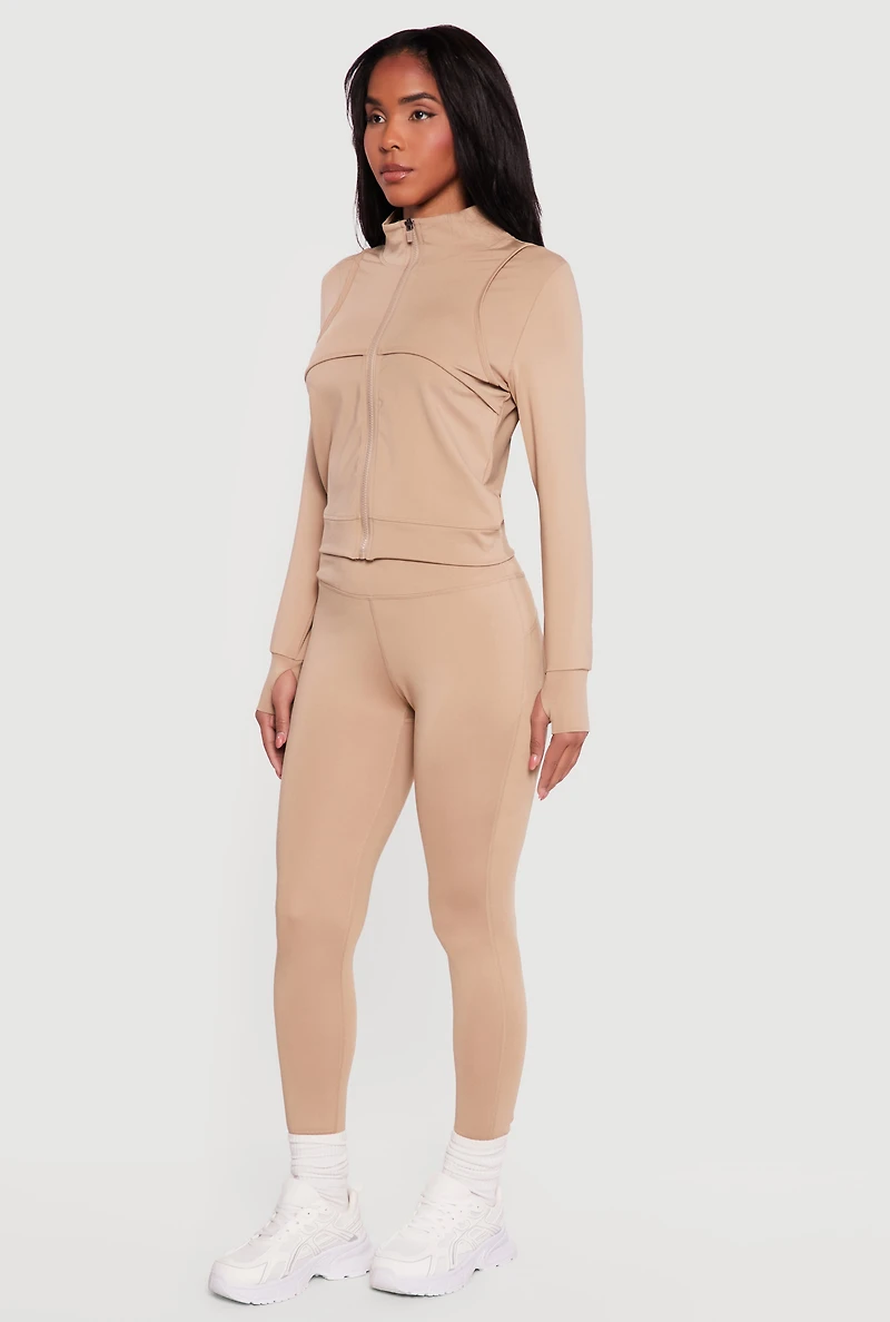 Solid Zip Front Activewear Jacket with Thumb Holes