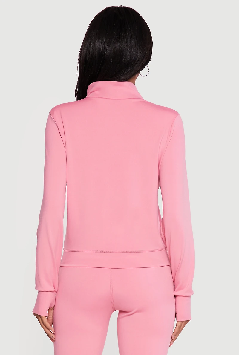 Solid Zip Front Activewear Jacket with Thumb Holes
