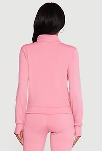 Solid Zip Front Activewear Jacket with Thumb Holes