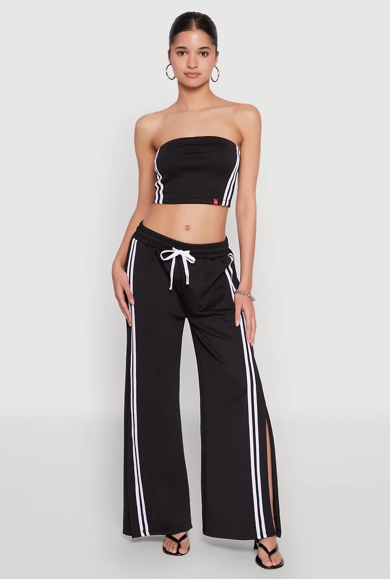 Womens Varsity Stripe Cropped Tube Top, Black, Size L