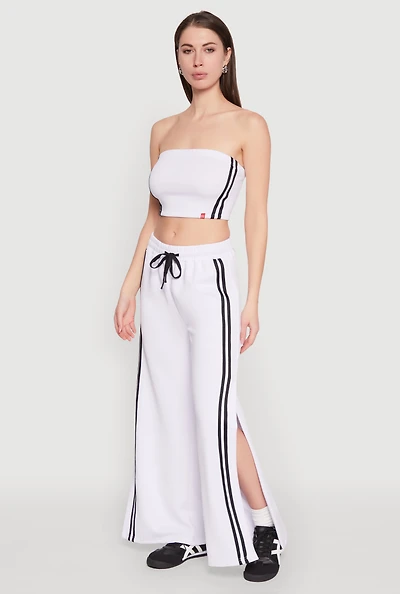 Womens Varsity Stripe Split Wide Leg Track Pants, White, Size M