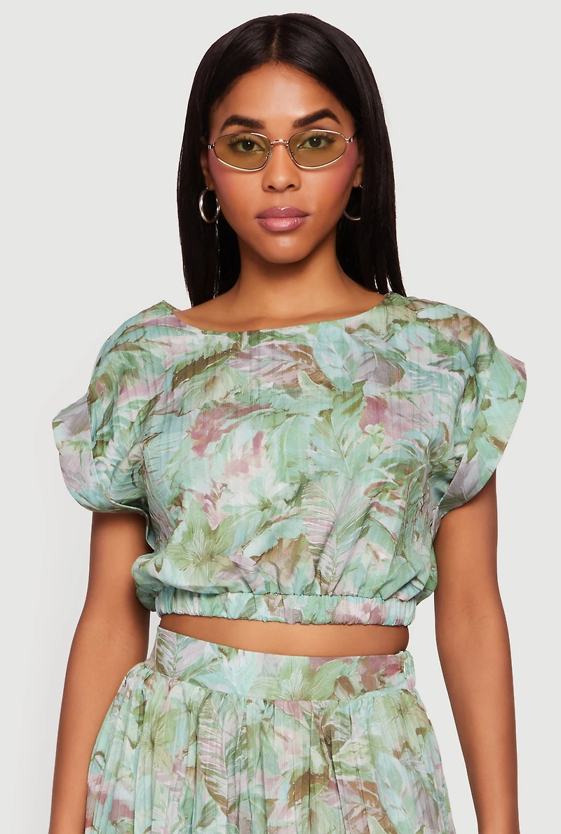 Tropical Leaf Print Cap Sleeve Crop Top