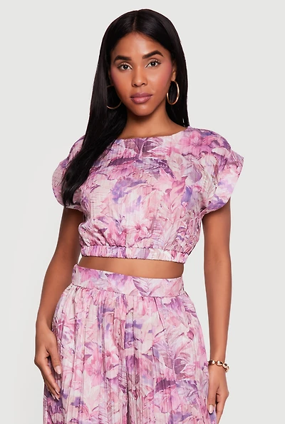 Tropical Leaf Print Cap Sleeve Crop Top