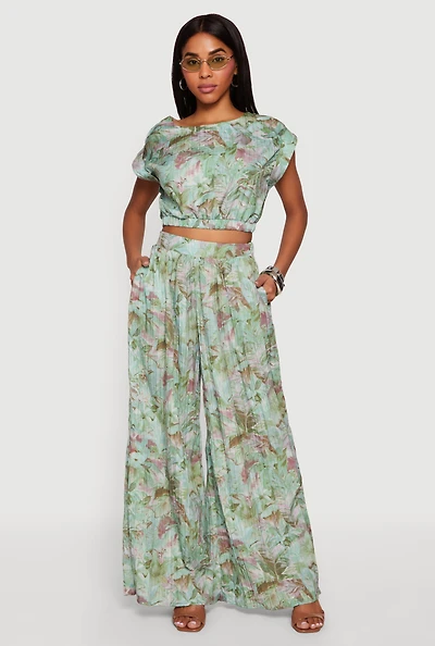 Leaf Print High Waisted Palazzo Pants