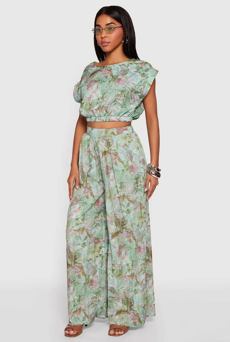 Leaf Print High Waisted Palazzo Pants