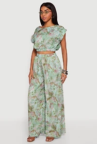 Leaf Print High Waisted Palazzo Pants