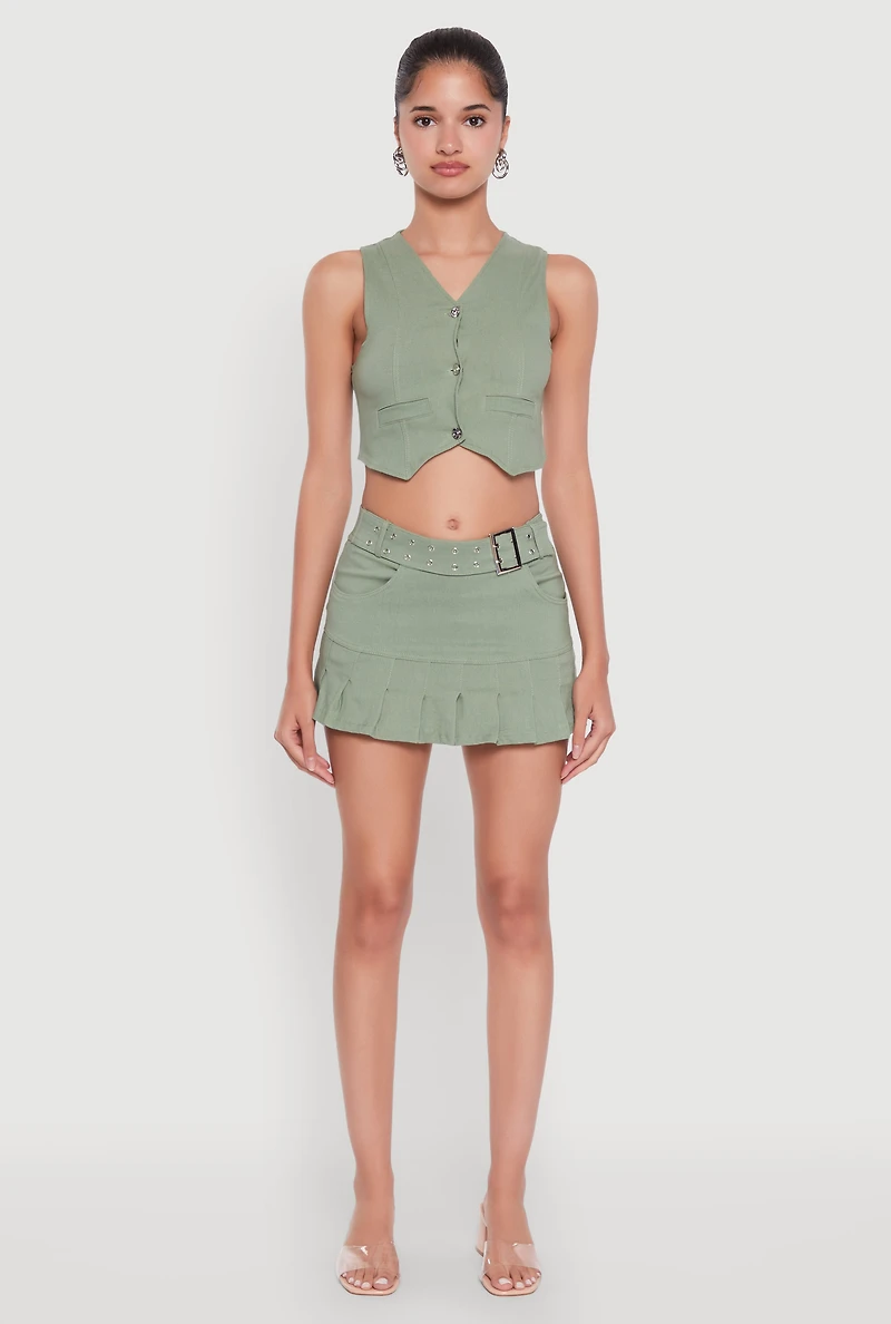 Trendy Low Rise Mini Buckled Pleated Skirt