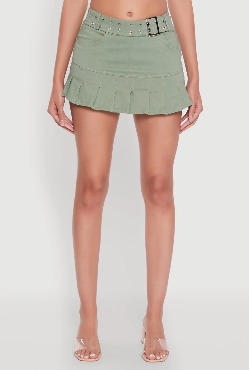 Trendy Low Rise Mini Buckled Pleated Skirt