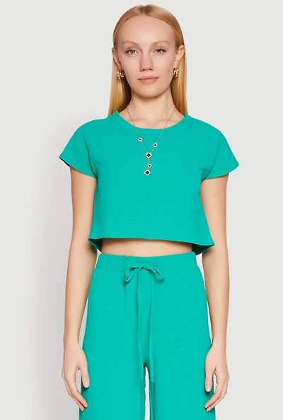 Womens Crepe Knit Short Sleeve Crop Top,