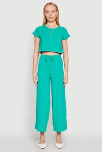 Womens Crepe Knit Short Sleeve Crop Top,
