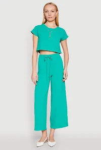 Womens Crepe Knit Short Sleeve Crop Top,