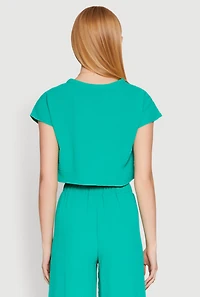 Womens Crepe Knit Short Sleeve Crop Top,