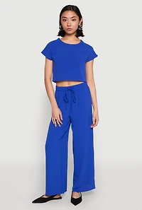 Womens Crepe Knit Short Sleeve Crop Top, Blue, Size S