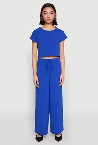Womens Crepe Knit Short Sleeve Crop Top, Blue, Size S