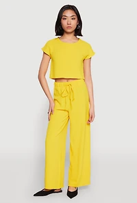 Womens Crepe Knit Short Sleeve Crop Top, Yellow, Size L