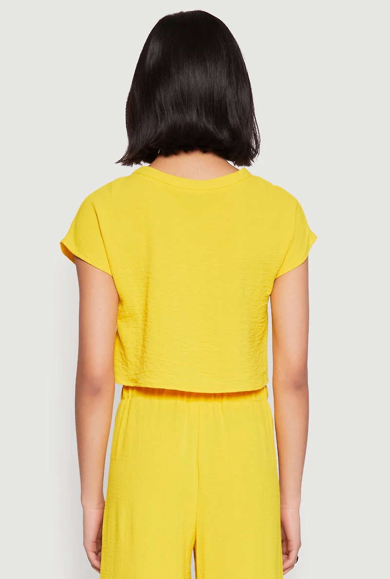 Womens Crepe Knit Short Sleeve Crop Top, Yellow, Size L