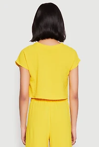 Womens Crepe Knit Short Sleeve Crop Top, Yellow,