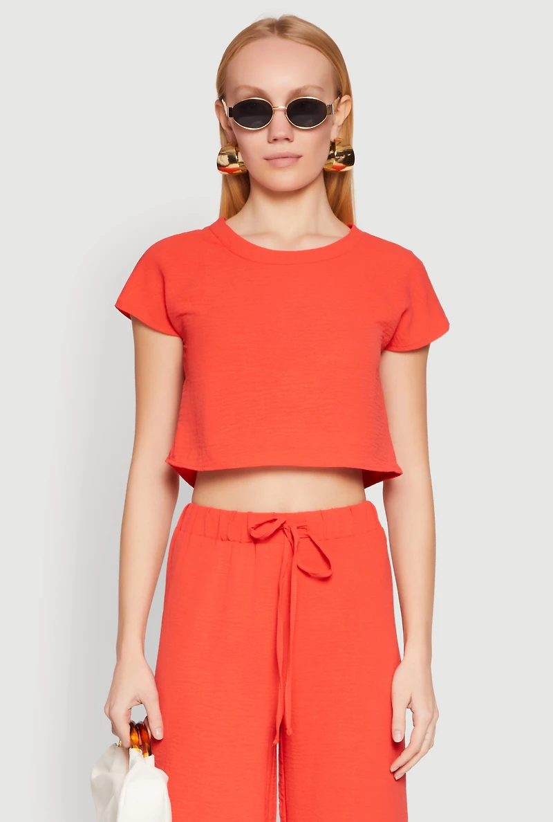 Womens Crepe Knit Short Sleeve Crop Top, Orange, Size L