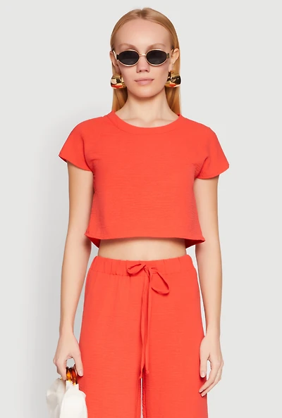Womens Crepe Knit Short Sleeve Crop Top, Orange, Size M