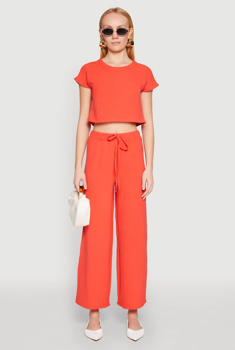 Womens Crepe Knit Short Sleeve Crop Top, Orange, Size M