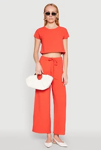 Womens Crepe Knit Short Sleeve Crop Top, Orange, Size L