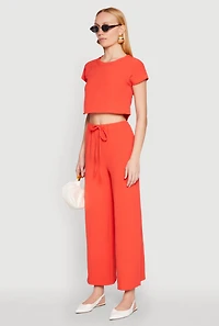 Womens Crepe Knit Short Sleeve Crop Top, Orange, Size L