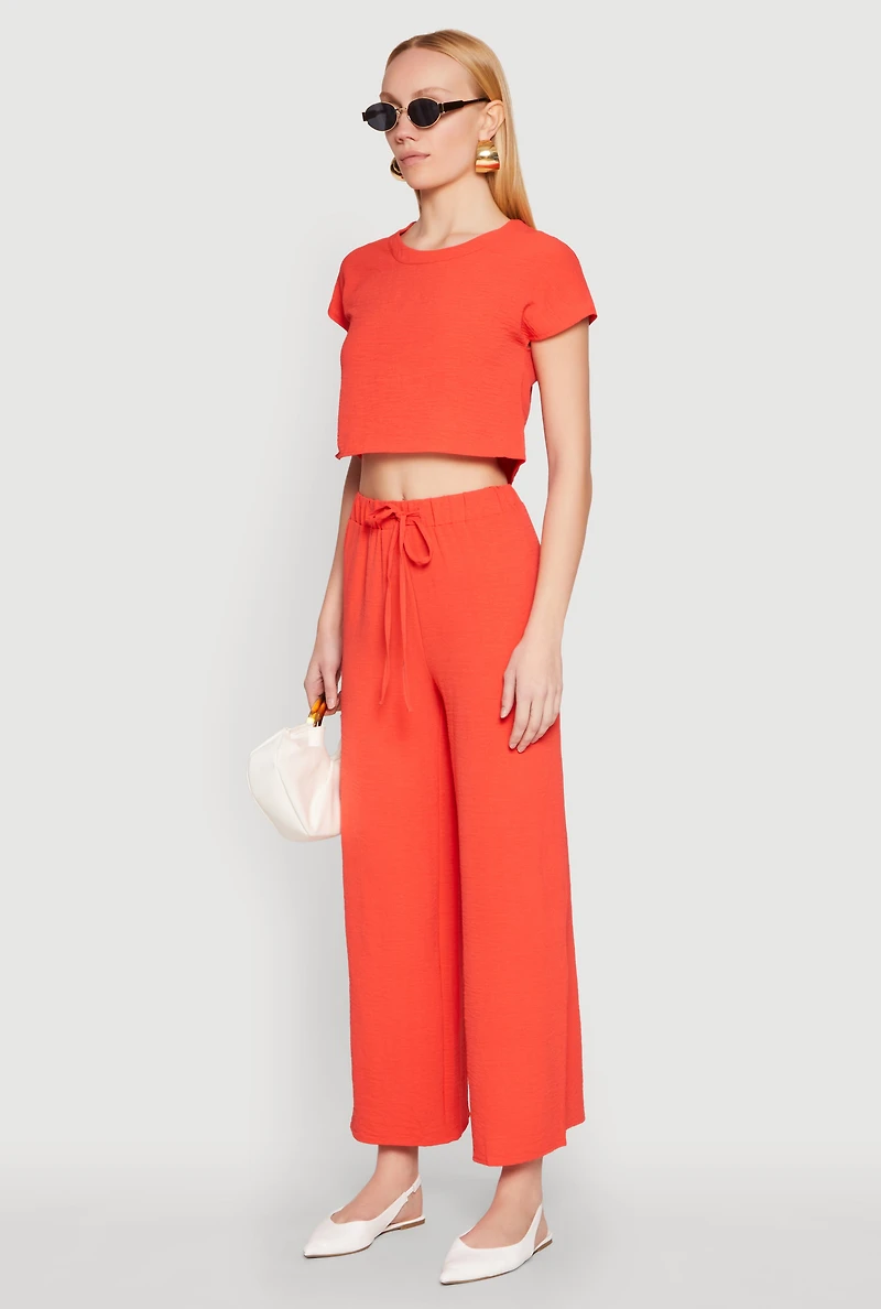 Womens Crepe Knit Short Sleeve Crop Top, Orange, Size M