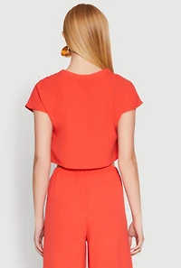 Womens Crepe Knit Short Sleeve Crop Top, Orange, Size L