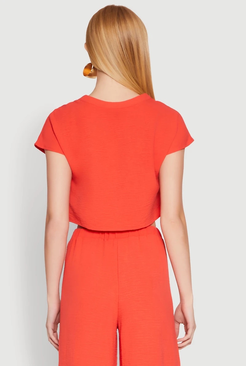 Womens Crepe Knit Short Sleeve Crop Top, Orange, Size M
