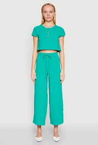 Crepe Knit Drawstring Wide Leg Pants