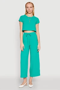 Womens Crepe Knit Drawstring Wide Leg Pants, M