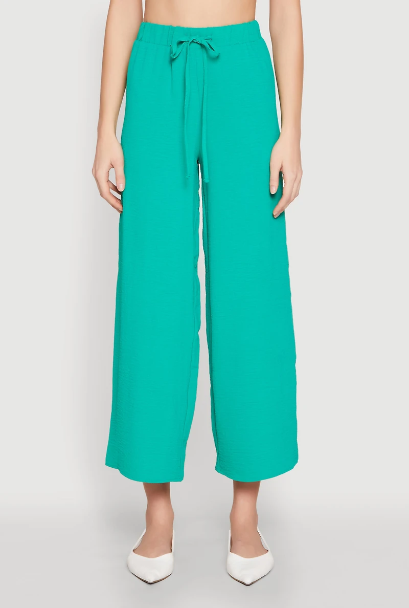Womens Crepe Knit Drawstring Wide Leg Pants, M