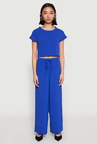 Womens Crepe Knit Drawstring Wide Leg Pants, Blue, Size S