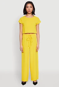 Womens Crepe Knit Drawstring Wide Leg Pants, Yellow, Size L