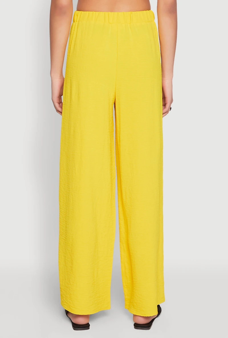Womens Crepe Knit Drawstring Wide Leg Pants, Yellow, Size L