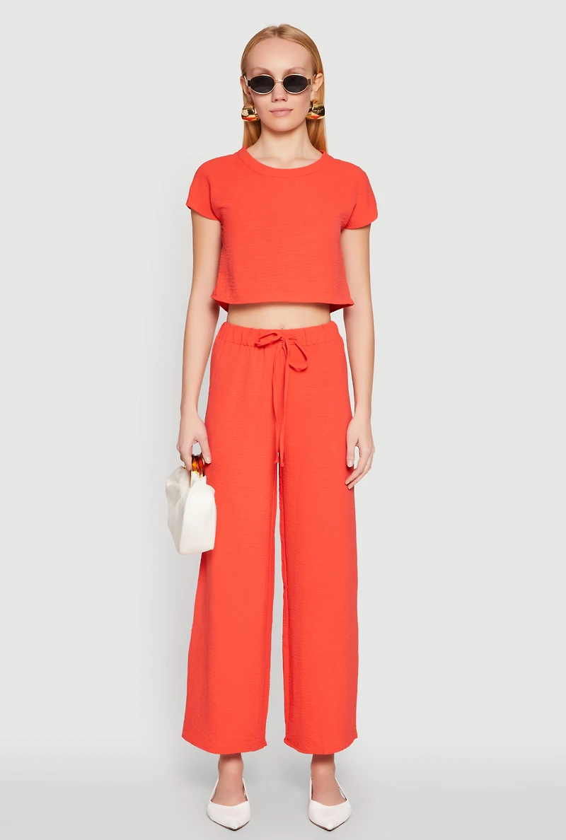 Womens Crepe Knit Drawstring Wide Leg Pants,