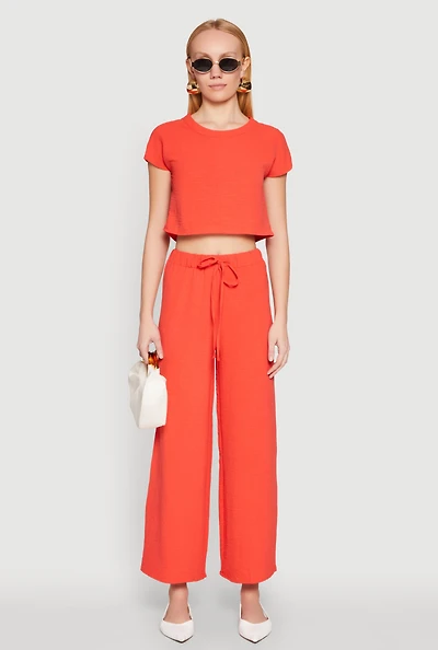 Womens Crepe Knit Drawstring Wide Leg Pants,