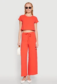 Womens Crepe Knit Drawstring Wide Leg Pants,