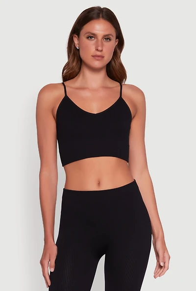 Womens Stylish Ribbed Knit V Neck Sports Bra with Adjustable Straps,