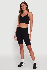 Womens Stylish Ribbed Knit V Neck Sports Bra with Adjustable Straps,