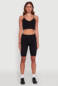 Womens Stylish Ribbed Knit V Neck Sports Bra with Adjustable Straps,