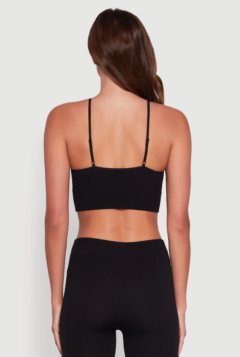 Womens Stylish Ribbed Knit V Neck Sports Bra with Adjustable Straps,