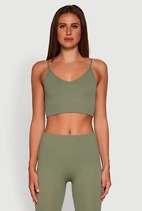 Womens Stylish Ribbed Knit V Neck Sports Bra with Adjustable Straps, Green, Size M-L